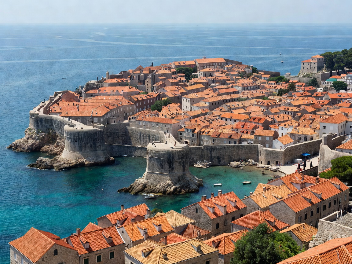 Aerial view of Dubrovnik's Old Town walls and terracotta rooftops beside the Adriatic Sea