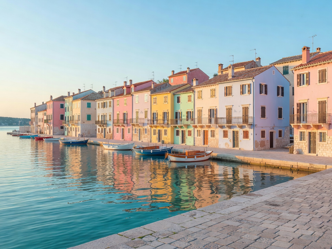 Pastel-coloured houses lining the harbour of Rovinj in Istria