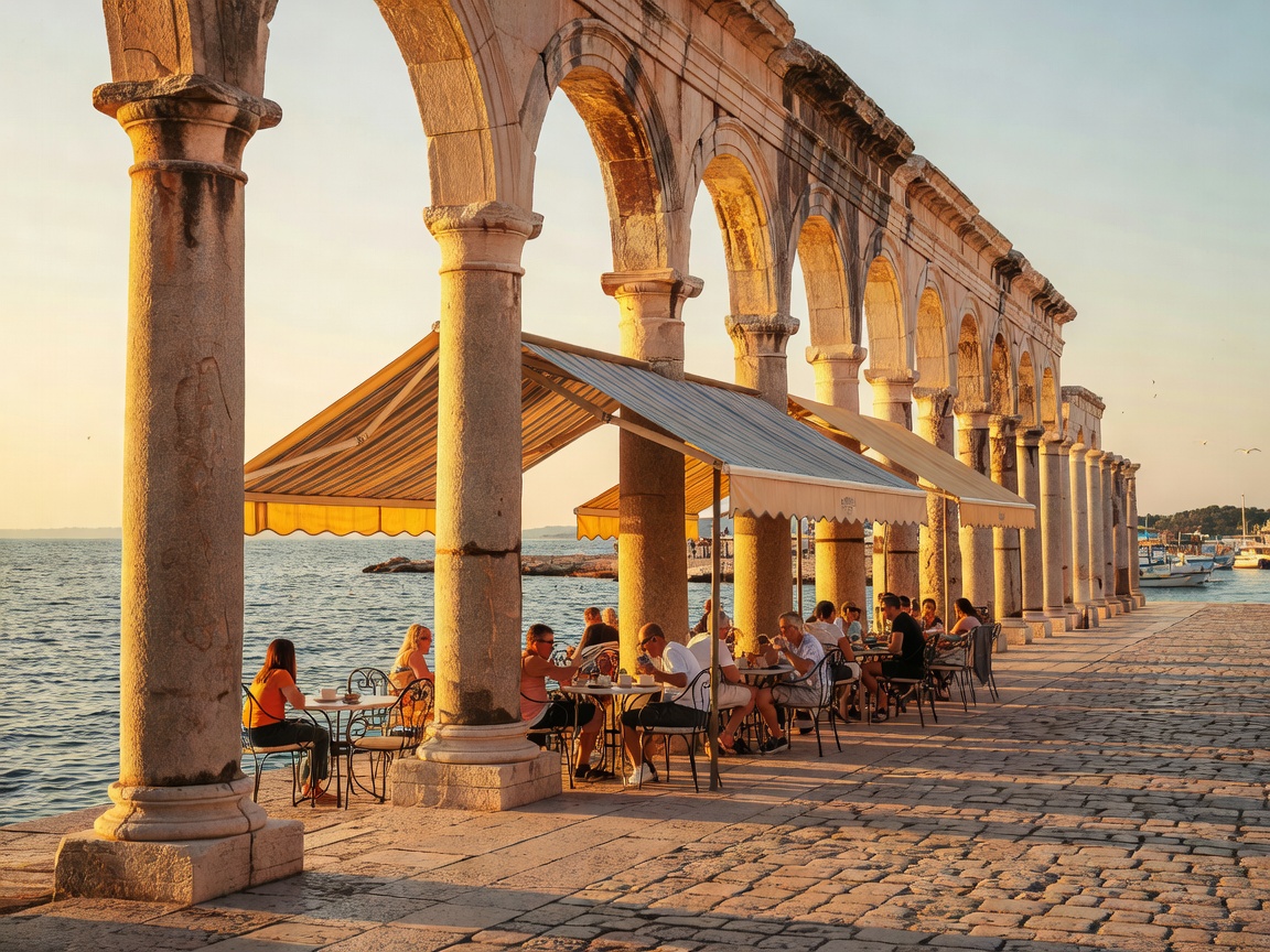 Stone colonnades of Diocletian's Palace in Split with waterfront cafés