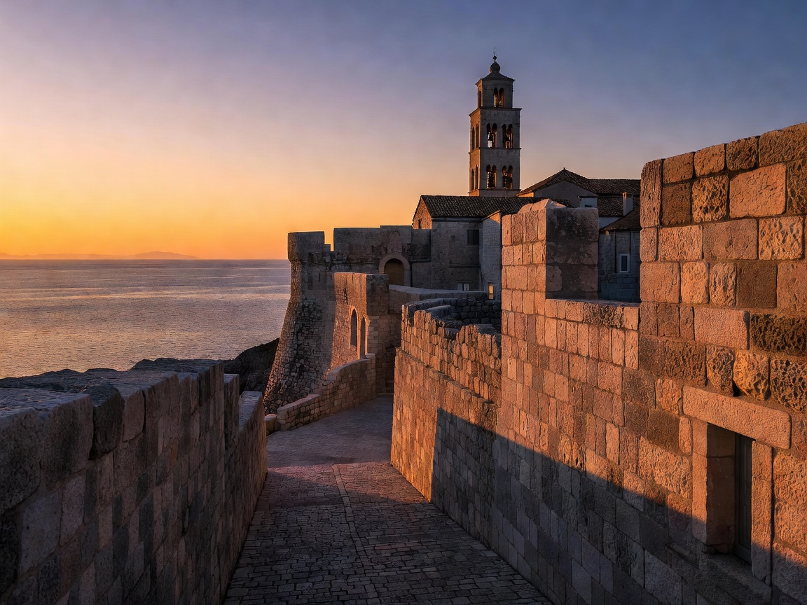 Stone walls and bell tower of Korčula's old town at dusk