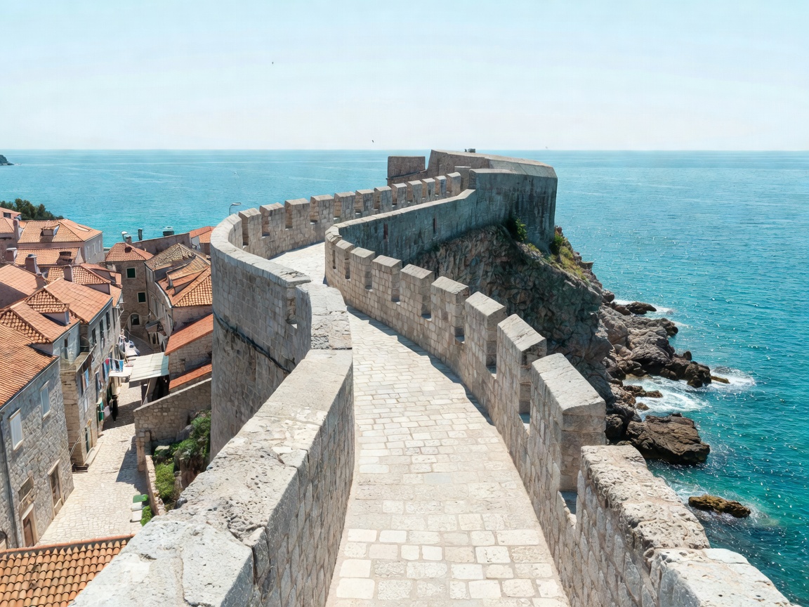 View along Dubrovnik's fortified city walls toward the sea