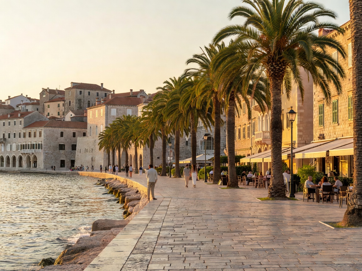 Waterfront promenade in Split lined with palm trees