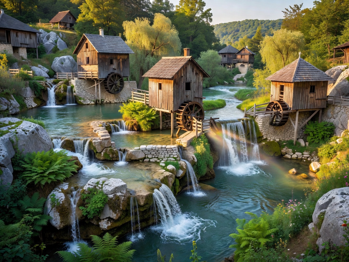 Wooden watermills and small waterfalls in the village of Rastoke